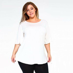 Off White 3/4 Sleeve Stretch Tunic Top Tulip Hem
